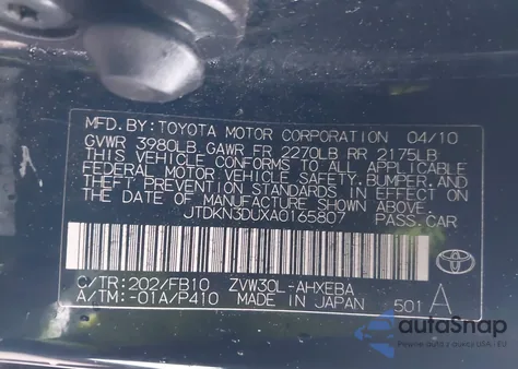 2010 Toyota Prius Iii from USA, damaged, VIN JTDKN3DUXA0165807